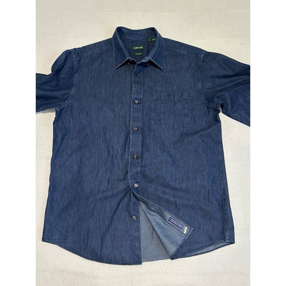Orvis Mens Wrinkle Free Denim outdoor Classic Rugged wear  Long Sleeve Large L